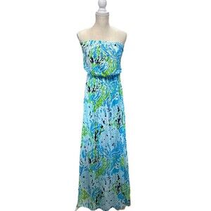 Lilly Pulitzer Marlisa Spa Blue Lets Cha Cha Maxi Dress XS Strapless NWT Resort